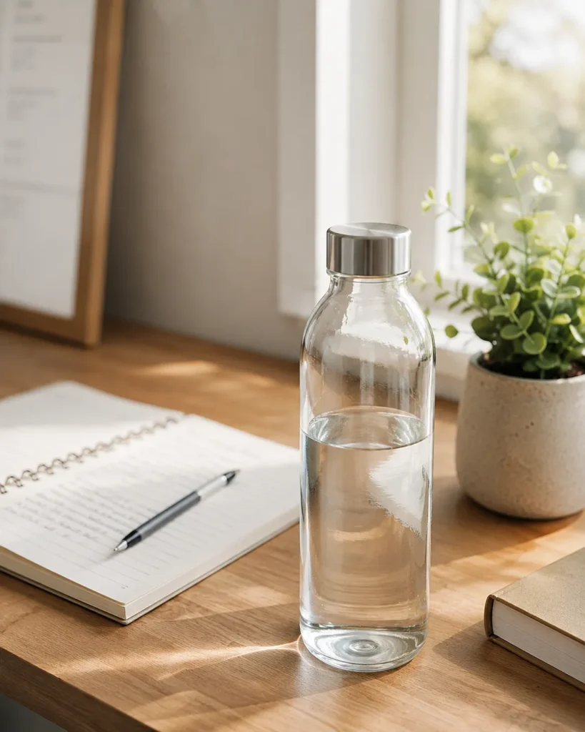 10 Soft Lips Secrets for a Naturally Smooth Smile 5 Glass water bottle on a desk as a reminder to stay hydrated for soft lips