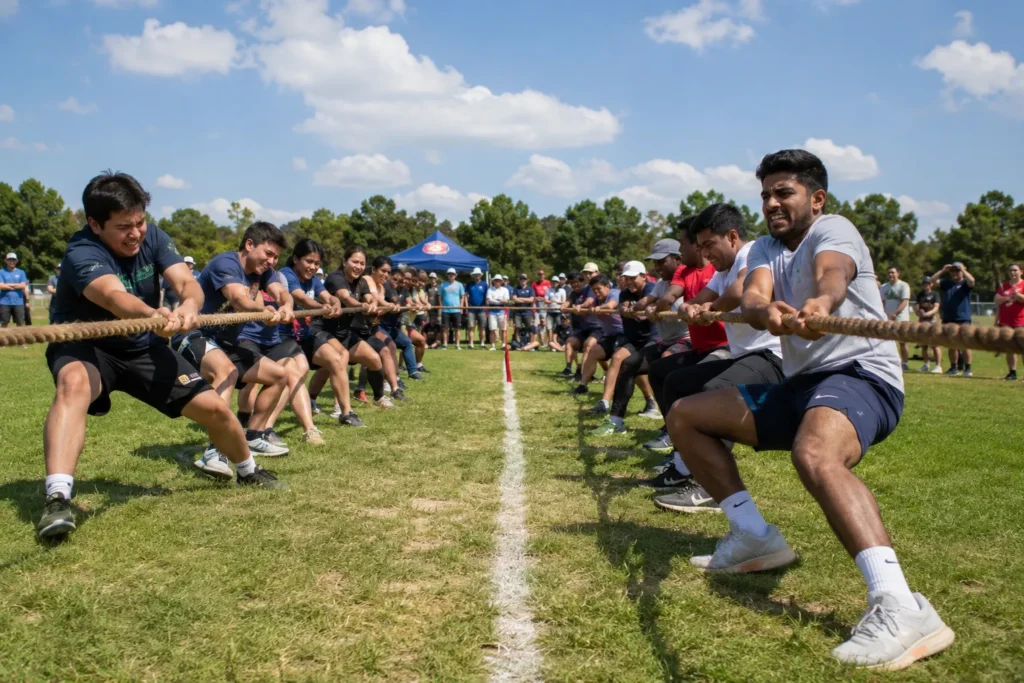 10 Sports Day Games Everyone Will Absolutely Love 3 Two teams playing tug of war on outdoor grass field