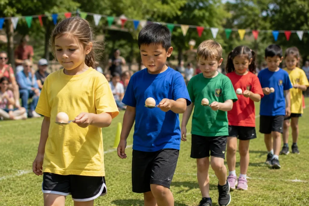 10 Sports Day Games Everyone Will Absolutely Love 5 Kids balancing eggs on spoons during egg and spoon race