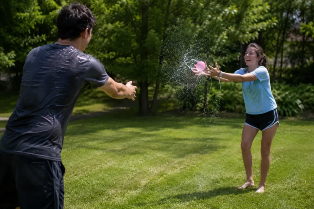 10 Sports Day Games Everyone Will Absolutely Love 7 Two people playing water balloon toss game outdoors