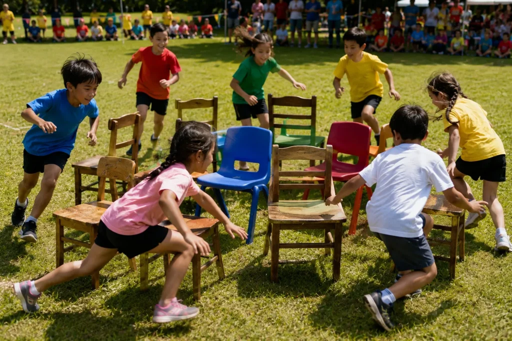 10 Sports Day Games Everyone Will Absolutely Love 11 Kids playing musical chairs outdoors during sports day event