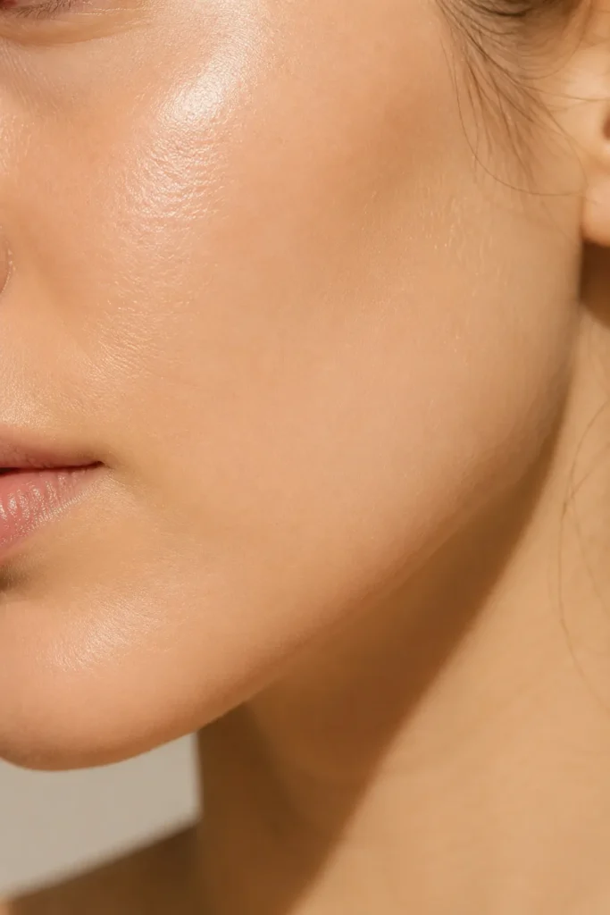 14 Sun Cream Benefits for Beautiful, Healthy Skin 4 Close up of smooth, hydrated skin on a woman's cheek in natural light