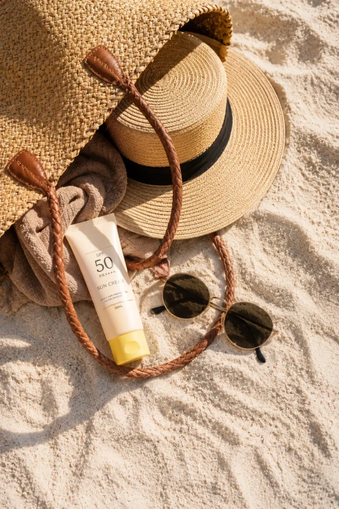 14 Sun Cream Benefits for Beautiful, Healthy Skin 8 Beach bag with sun cream, sunglasses, and a wide brim hat