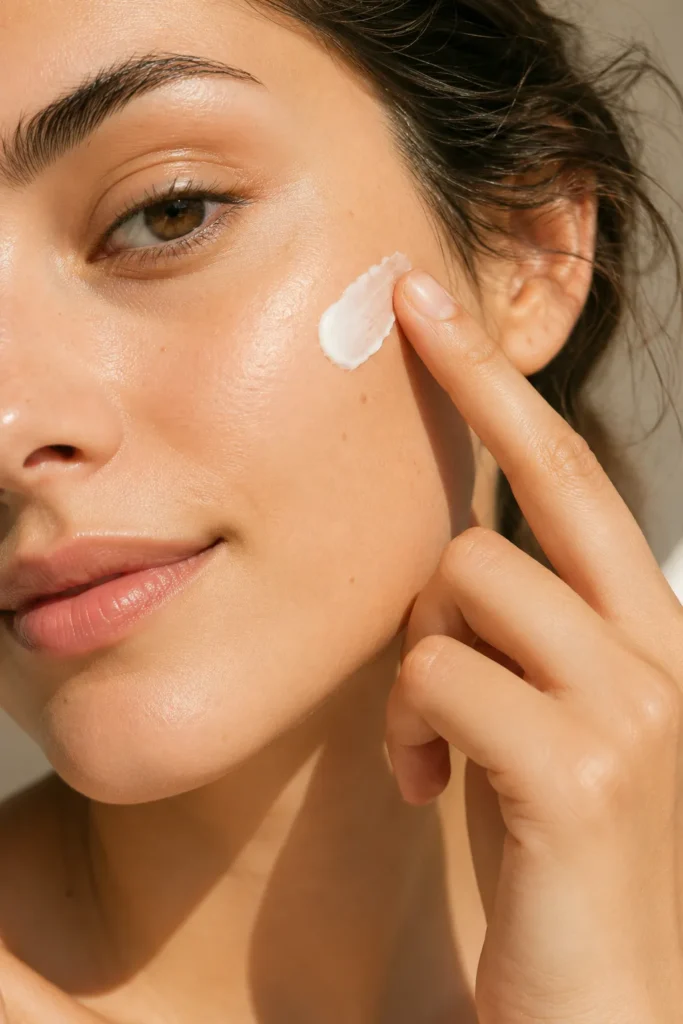 14 Sun Cream Benefits for Beautiful, Healthy Skin 10 Woman applying sun cream to her cheekbone in daylight