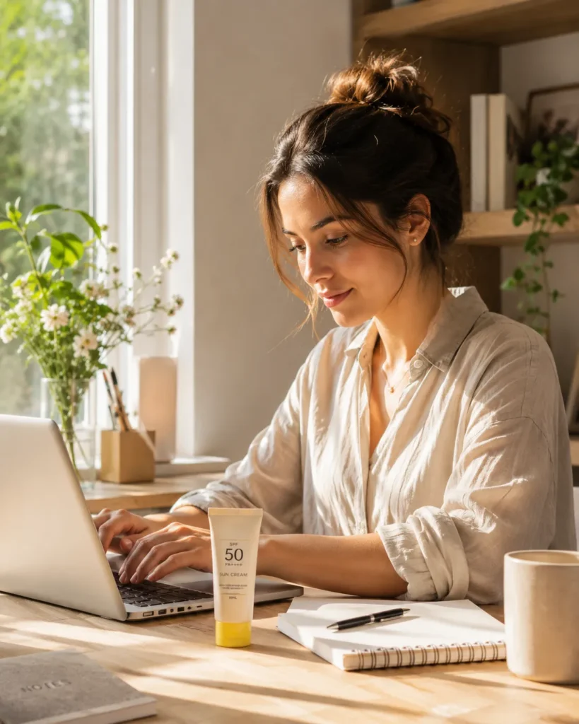 14 Sun Cream Benefits for Beautiful, Healthy Skin 12 Woman working at a desk near a sunny window with sun cream nearby