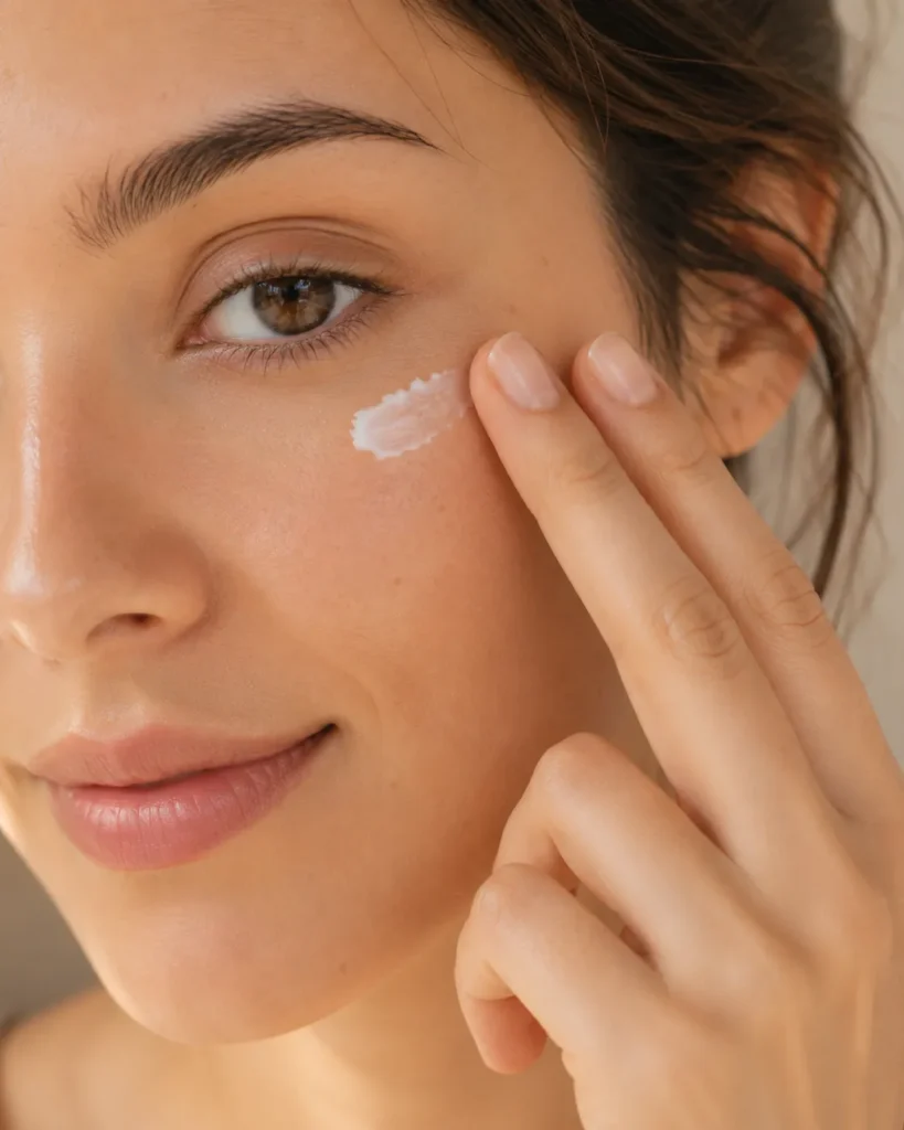 14 Sun Cream Benefits for Beautiful, Healthy Skin 14 Woman gently patting sun cream near her under eye area
