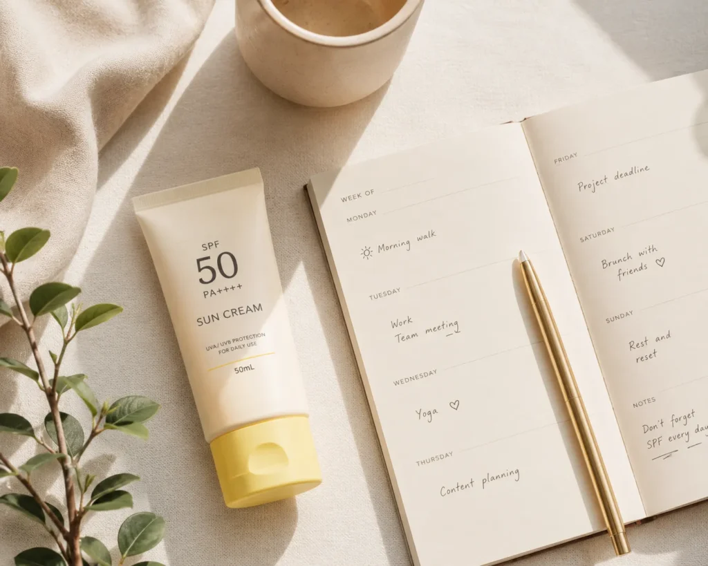 14 Sun Cream Benefits for Beautiful, Healthy Skin 16 Flat lay of a sun cream bottle next to a daily planner
