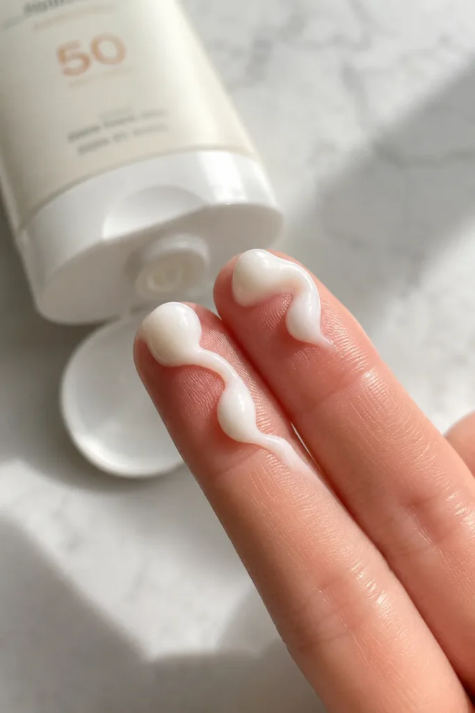 10 Easy Sun Protection Steps for Daily Skincare 3 Close up of sunscreen squeezed along two fingers next to an open bottle