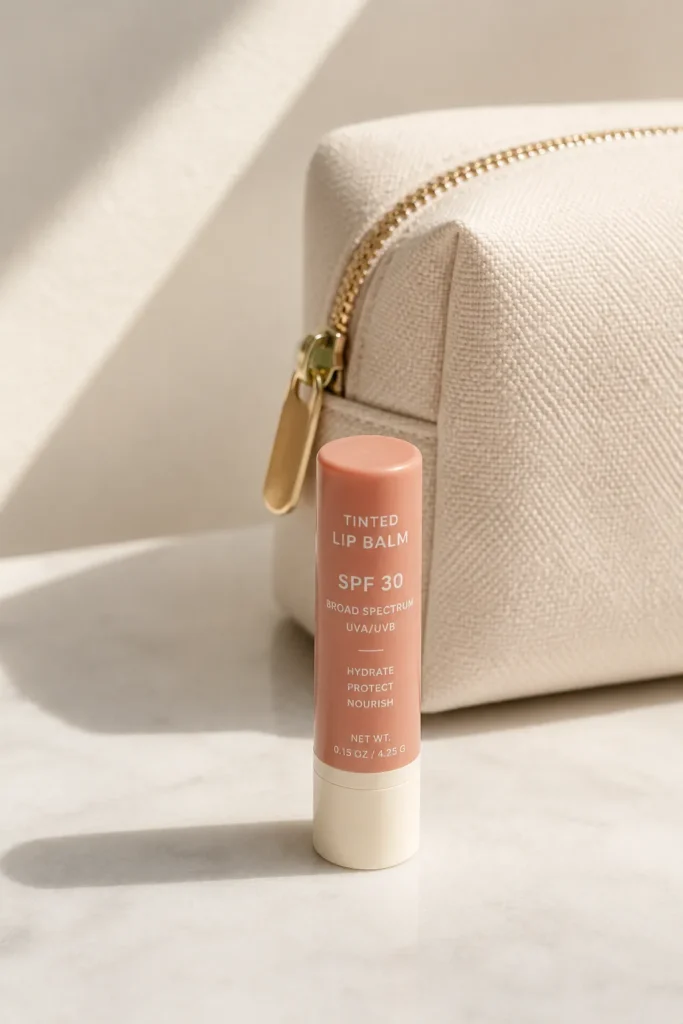10 Easy Sun Protection Steps for Daily Skincare 7 Tinted SPF lip balm tube next to a small makeup bag
