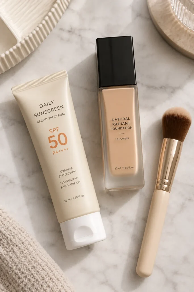 10 Easy Sun Protection Steps for Daily Skincare 9 Flat lay of sunscreen, foundation, and a makeup brush on a vanity