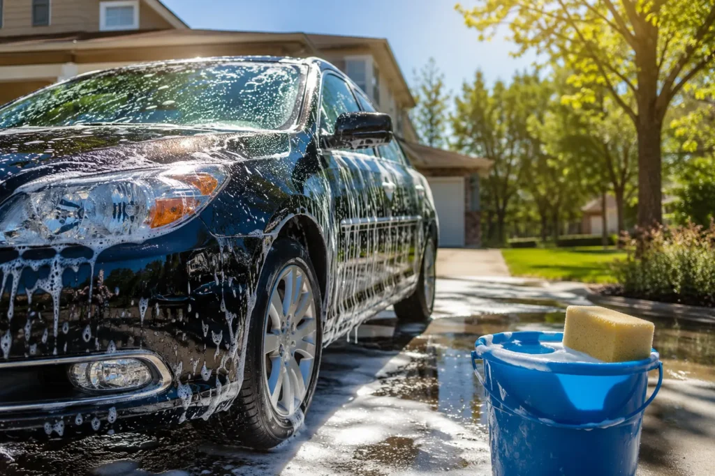 12 Sunny Days Activities Everyone Will Love 3 Sunny driveway car wash scene with soap suds and a bucket