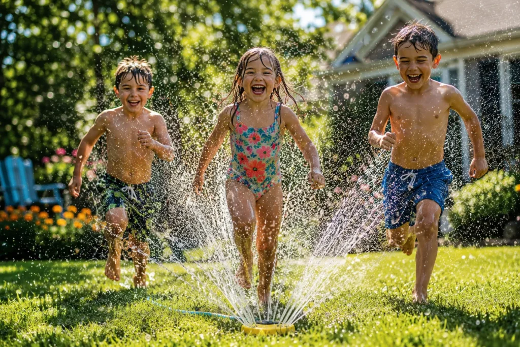 12 Sunny Days Activities Everyone Will Love 5 Kids playing in a lawn sprinkler with sunlit water droplets