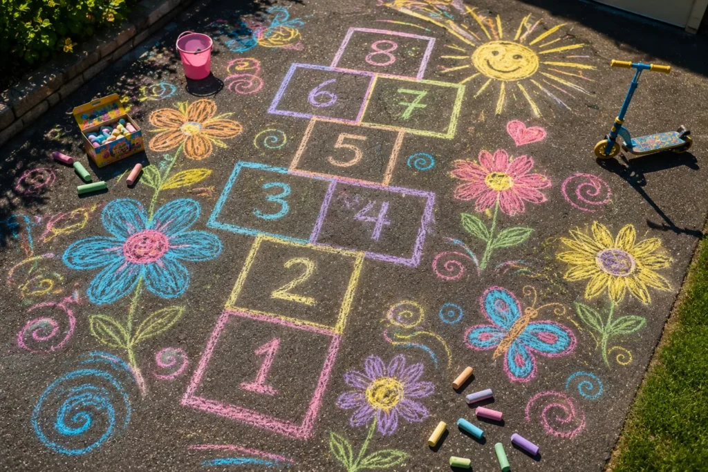12 Sunny Days Activities Everyone Will Love 7 Colorful sidewalk chalk drawings on a bright driveway