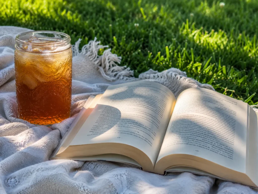 12 Sunny Days Activities Everyone Will Love 9 Open book on a blanket in the grass with iced tea