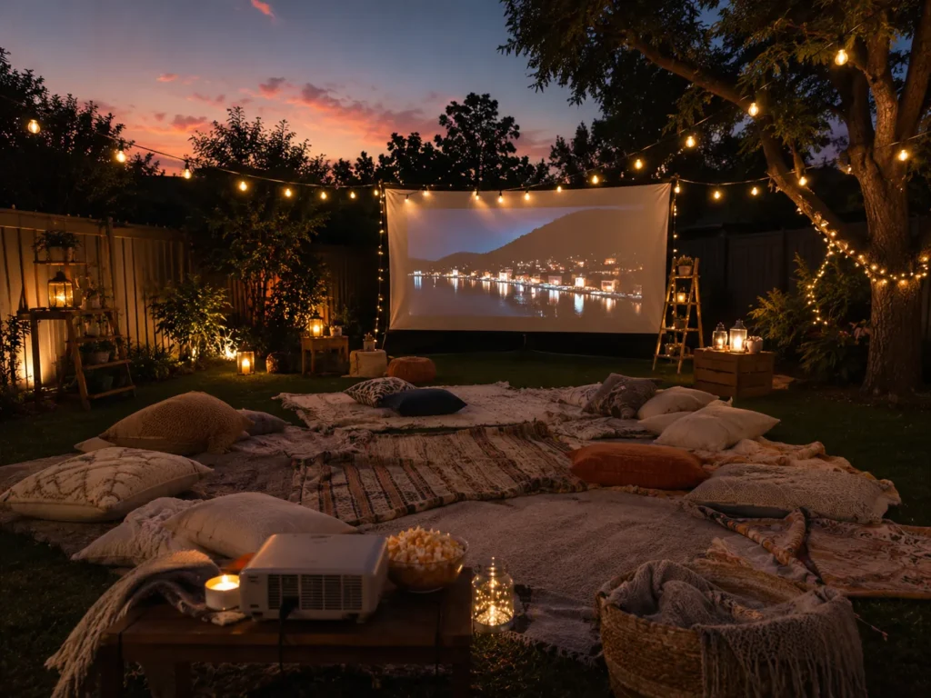 12 Sunny Days Activities Everyone Will Love 11 Backyard movie night setup with blankets facing a projector screen at dusk