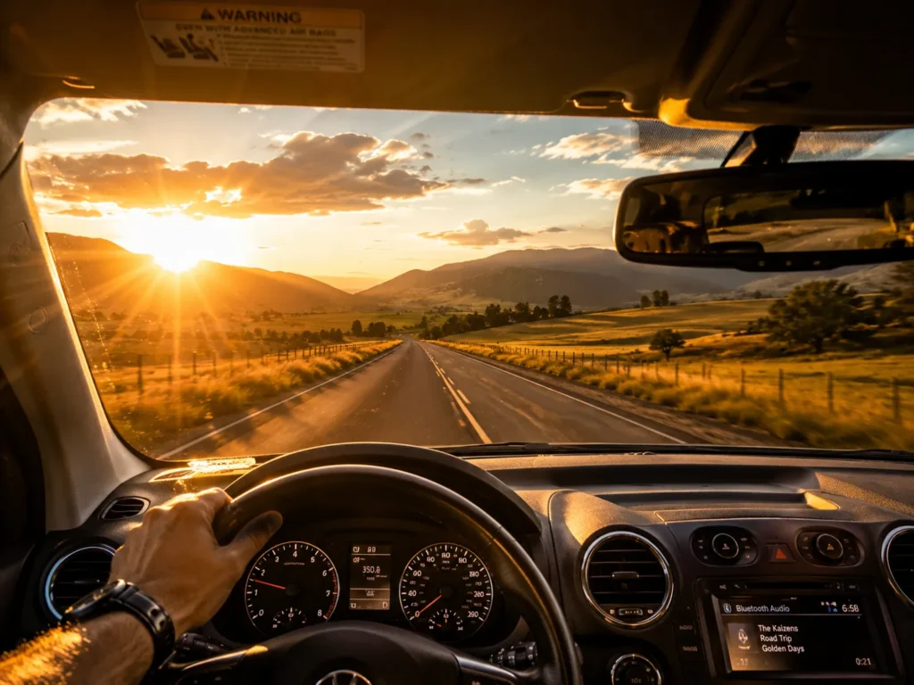 12 Sunny Days Activities Everyone Will Love 13 Car driving down a scenic open road with sunlight through the windshield
