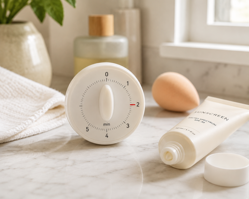 11 Sunscreen Ideas for Effortless Daily Sun Protection 5 Timer set to two minutes to let sunscreen absorb before applying makeup