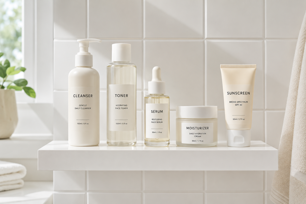11 Sunscreen Ideas for Effortless Daily Sun Protection 3 Skin care products lined up in the correct order with sunscreen applied last