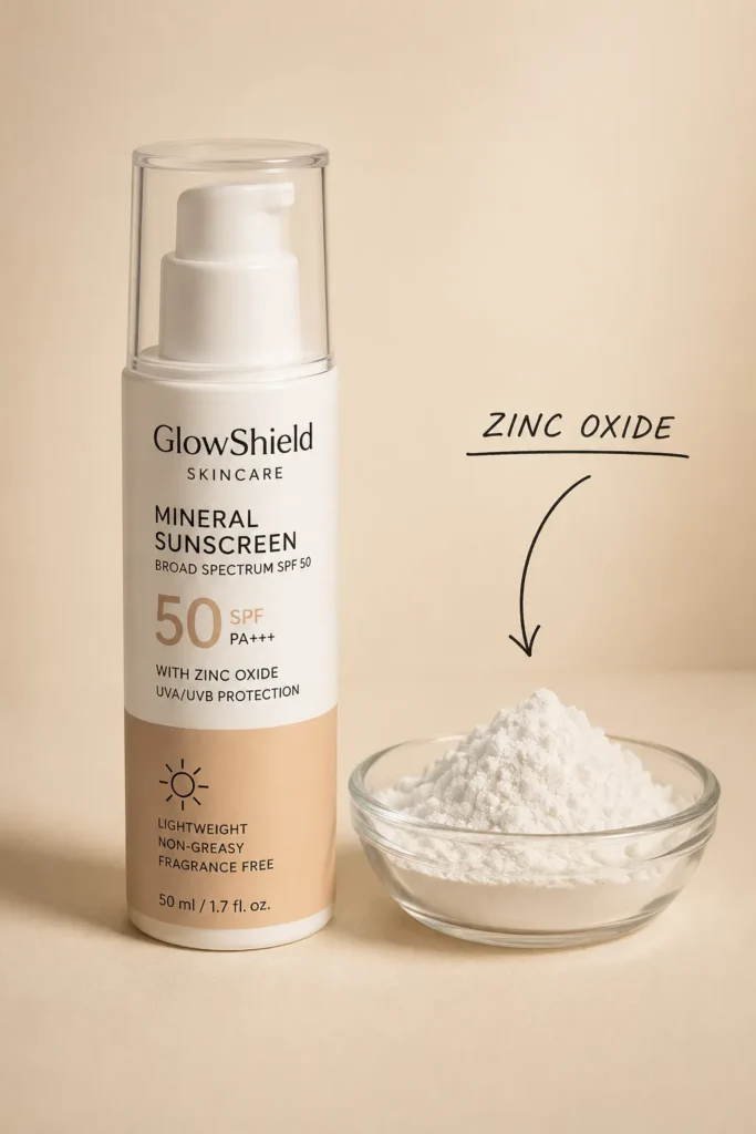 10 Sunscreen Ads Every Beauty Fan Will Love 5 Sunscreen bottle next to zinc oxide powder with ingredient spotlight labeling