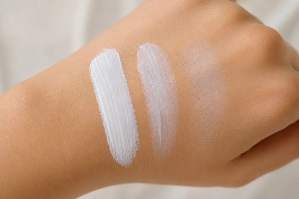 10 Sunscreen Ads Every Beauty Fan Will Love 7 Hand swatch showing sunscreen blending from white cast to an invisible finish