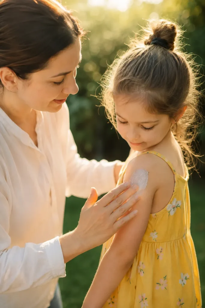 10 Sunscreen Ads Every Beauty Fan Will Love 9 Parent applying sunscreen to a child's shoulder outdoors in warm natural light