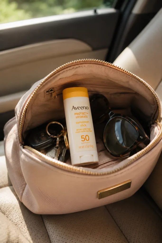 10 Sunscreen Ads Every Beauty Fan Will Love 11 Stick sunscreen tucked into an open purse with keys and sunglasses on a car seat