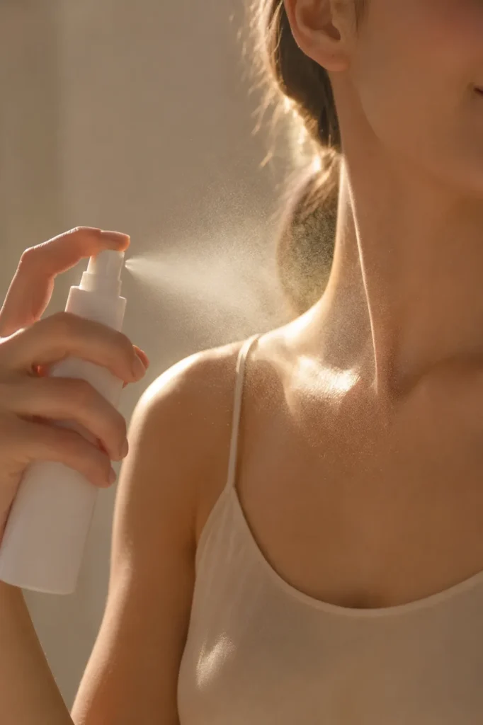 10 Sunscreen Aesthetic Essentials for a Daily Glow 7 SPF setting spray being applied over makeup for midday sun protection