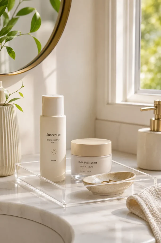 10 Sunscreen Aesthetic Essentials for a Daily Glow 11 Bathroom counter tray with sunscreen and skin care essentials for a consistent routine
