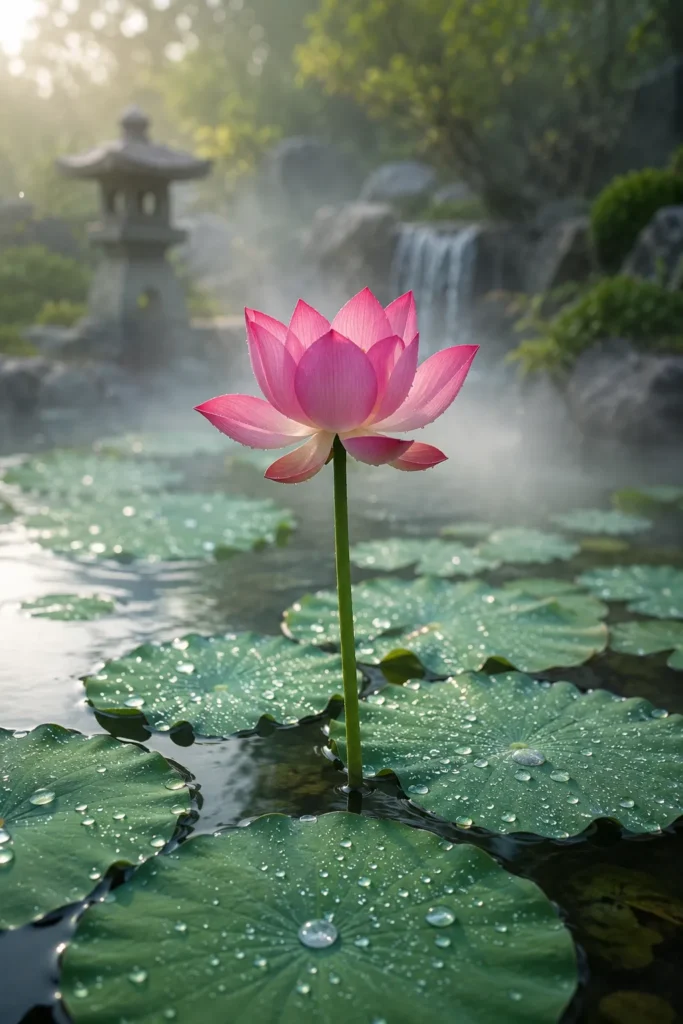 10 Water Flowers That Make Your Garden Look Magical 3 Tall pink lotus flower blooming above round leaves in a backyard pond