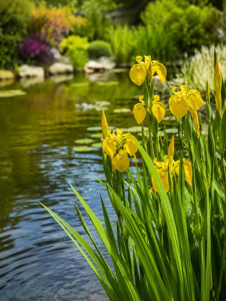 10 Water Flowers That Make Your Garden Look Magical 5 Bright yellow flag iris blooms with sword shaped leaves at a pond edge