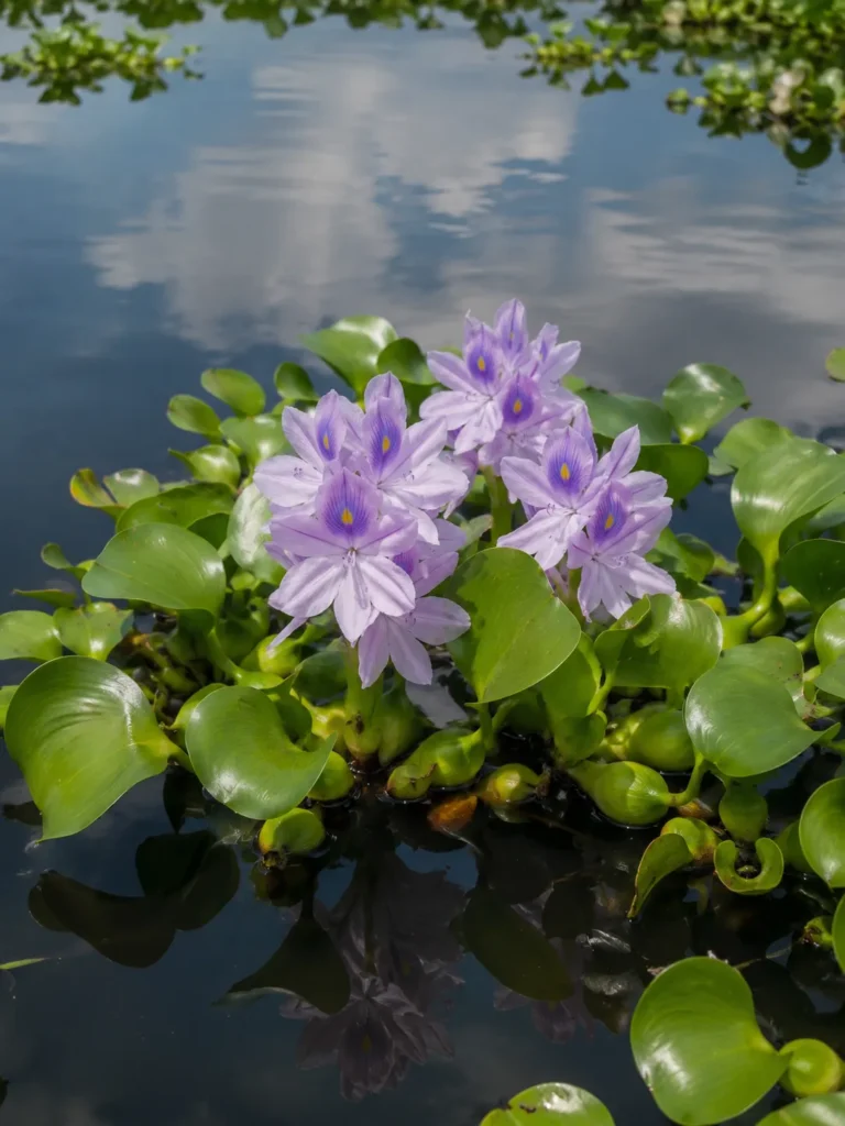 10 Water Flowers That Make Your Garden Look Magical 7 Lavender water hyacinth flowers floating on a pond with glossy leaves
