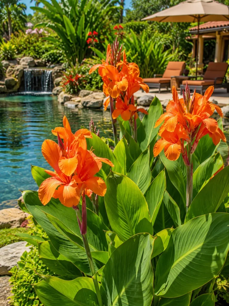 10 Water Flowers That Make Your Garden Look Magical 9 Orange water canna blooms with tropical leaves beside a sunny pond
