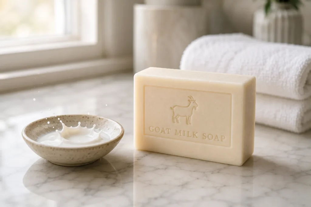 10 Best Soap for Dry Skin That Feels Soft All Day 3 Goat milk soap bar with a small dish of milk on a marble counter, moisturizing soap for dry skin
