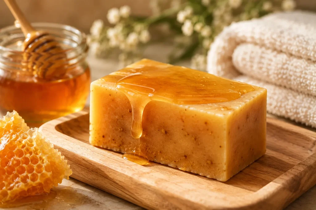 10 Best Soap for Dry Skin That Feels Soft All Day 5 Coconut oil and honey soap bar on a wooden tray, hydrating bar soap for dry skin