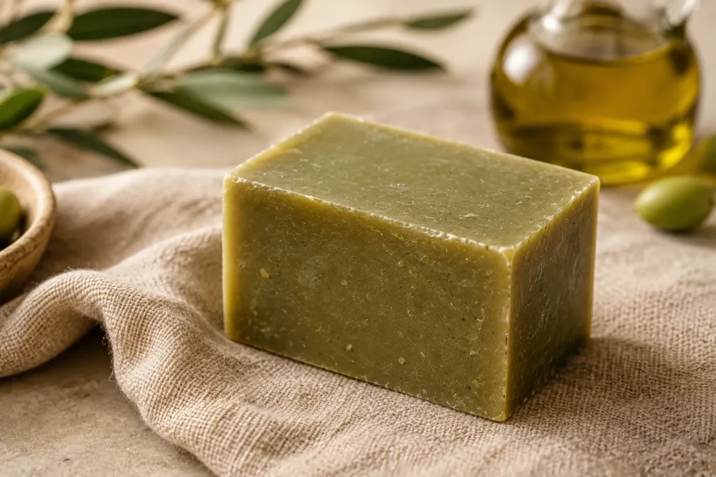 10 Best Soap for Dry Skin That Feels Soft All Day 7 Olive oil castile soap bar on a linen cloth with olive oil bottle, gentle daily soap for dry skin