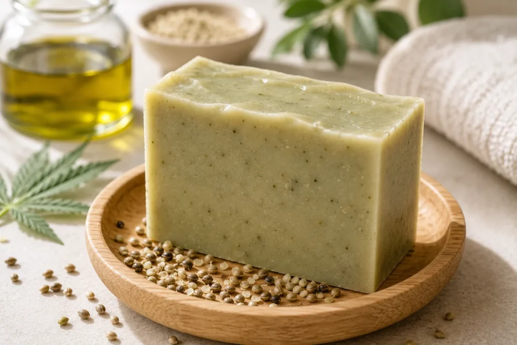 10 Best Soap for Dry Skin That Feels Soft All Day 9 Hemp seed oil soap bar on a bamboo dish with hemp seeds, lightweight soap for combination dry skin
