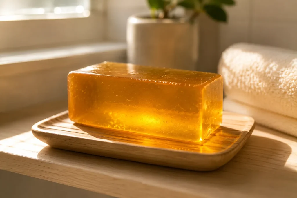 10 Best Soap for Dry Skin That Feels Soft All Day 11 Glycerin soap bar catching light on a bathroom shelf, humectant soap for dry indoor air skin