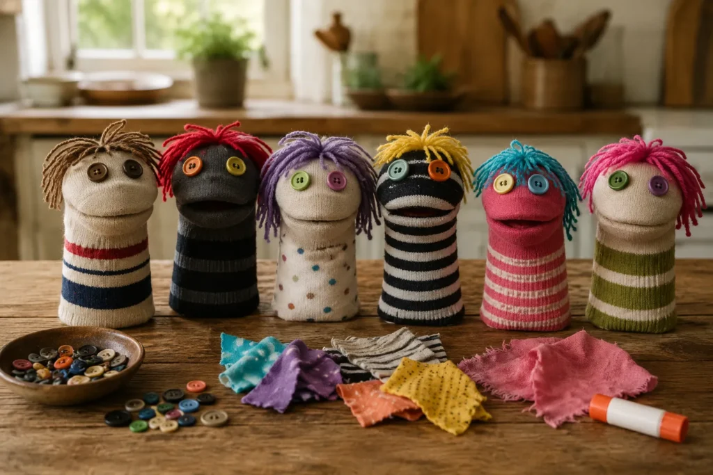 12 Kids Activities That Spark Creativity at Home Today 3 Handmade sock puppets with button eyes lined up on a wooden table