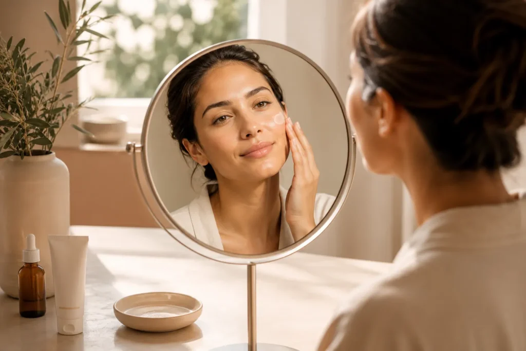 11 La Roche Posay Sunscreen Tips for a Healthy Glow 4 Woman patting sunscreen onto her cheek before applying makeup