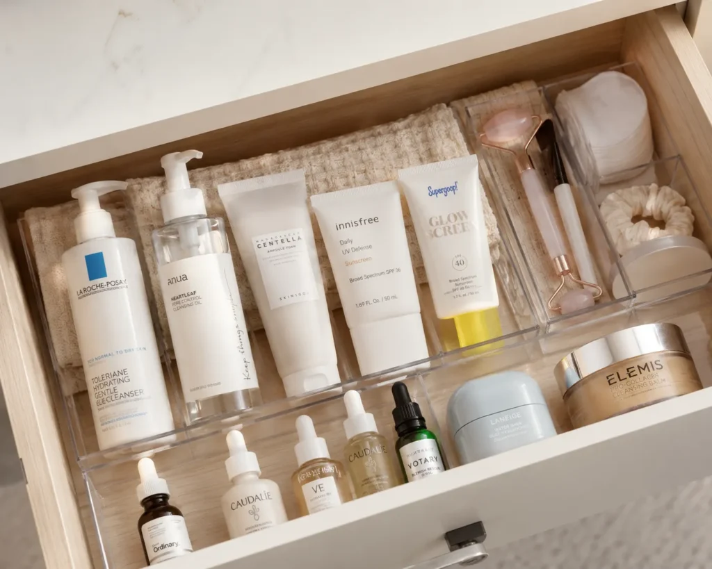 11 La Roche Posay Sunscreen Tips for a Healthy Glow 10 Bathroom drawer organized with skincare products including sunscreen