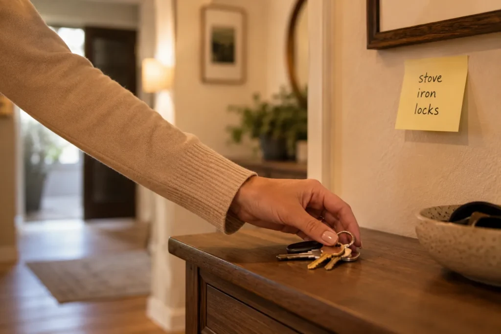 12 Safety Tips to Build Safer Everyday Habits 2 Woman grabbing keys from entryway table with a stove and lock safety reminder note