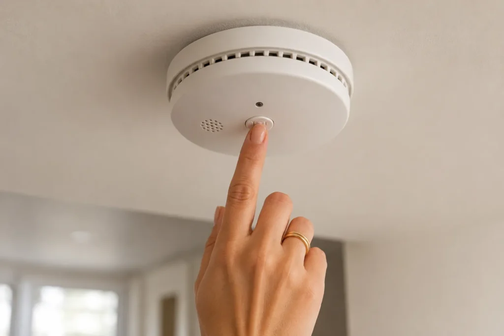 12 Safety Tips to Build Safer Everyday Habits 4 Hand testing the smoke alarm button on a ceiling for home fire safety