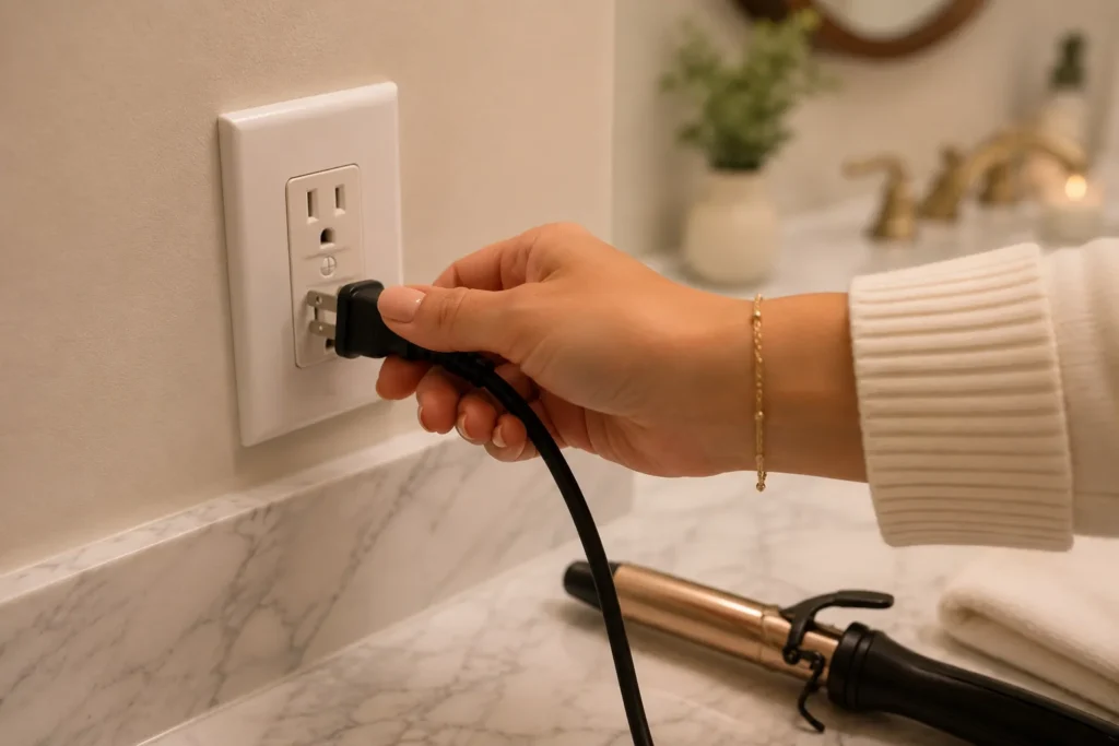12 Safety Tips to Build Safer Everyday Habits 6 Unplugging a curling iron from a bathroom outlet to prevent fire risk