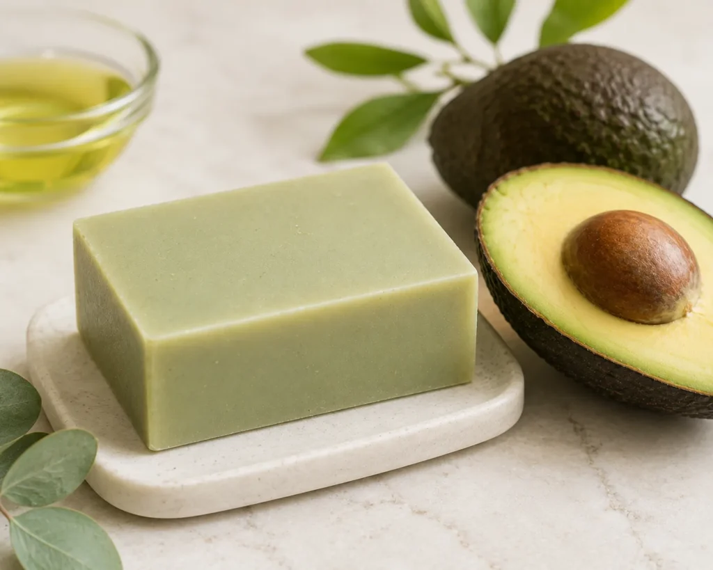 10 Best Soap for Dry Skin That Feels Soft All Day 10 Avocado oil soap bar next to a halved avocado, nourishing soap for very dry or mature skin