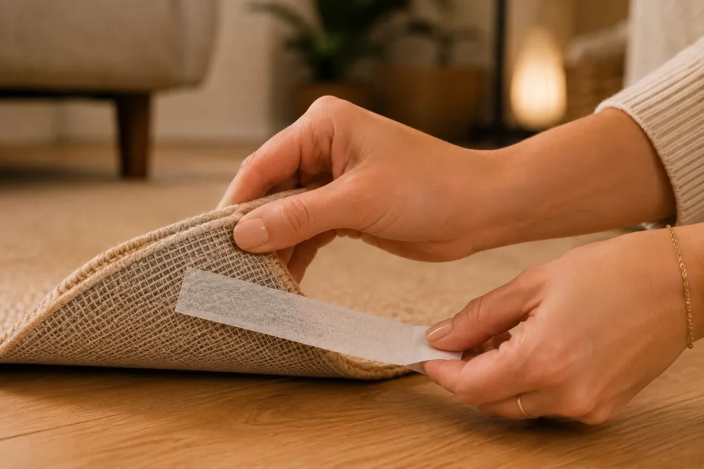 12 Safety Tips to Build Safer Everyday Habits 8 Applying non slip grip tape under an area rug to help prevent falls