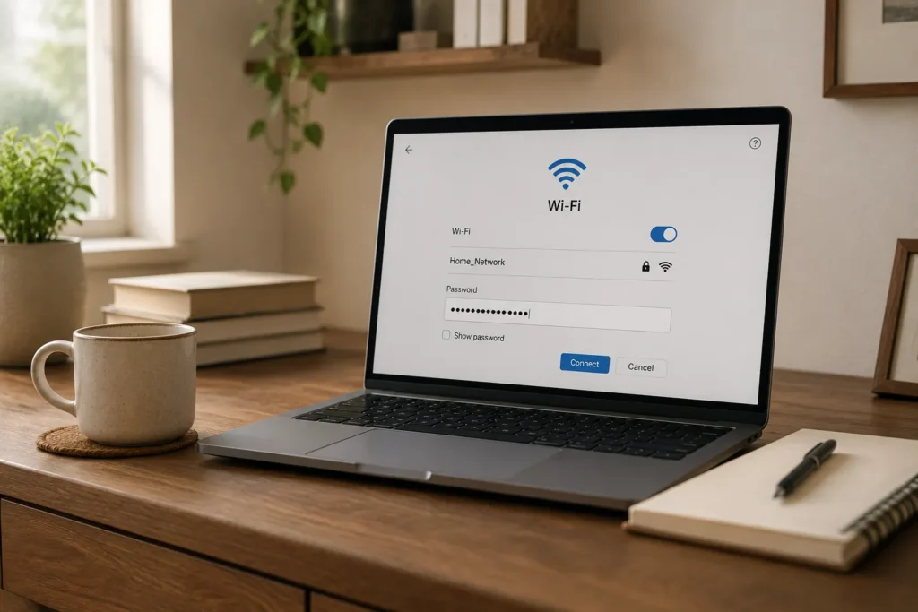 12 Safety Tips to Build Safer Everyday Habits 10 Laptop showing a wifi password settings screen on a home desk