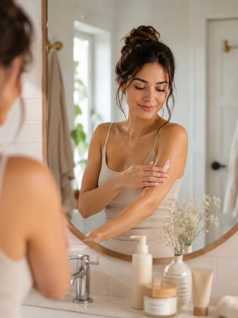 10 Healthy Routine Ideas to Feel Your Best Every Day 4 Woman applying body lotion during a daily skin check in routine