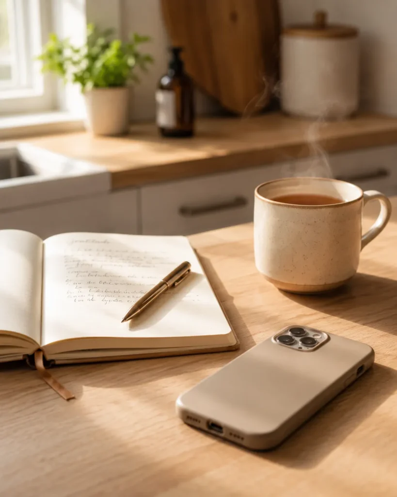 10 Healthy Routine Ideas to Feel Your Best Every Day 8 Phone placed face down during a screen free hour routine
