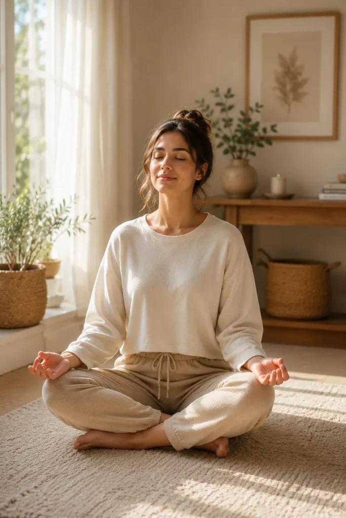 10 Healthy Routine Ideas to Feel Your Best Every Day 10 Woman practicing quiet breathing as part of a stress relief routine