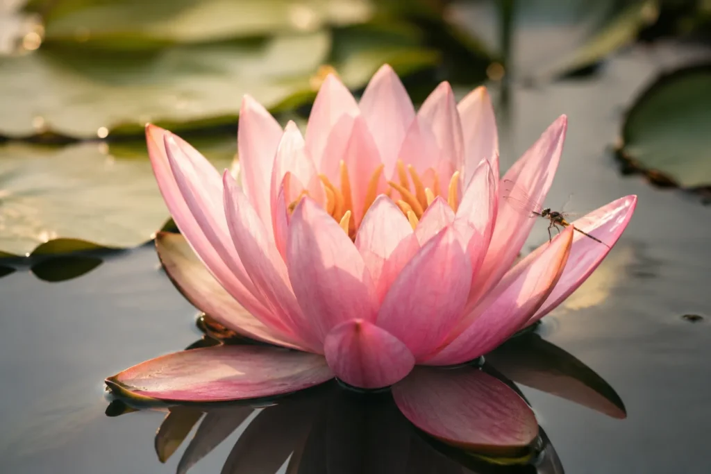 10 Water Flowers That Make Your Garden Look Magical 2 Pink water lily floating on calm pond water with a dragonfly resting on the petal